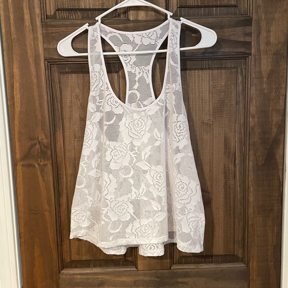 White See Through Rose Lace Athletic Crop Tank - Picture 2 of 7